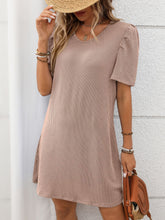 Textured Round Neck Short Sleeve Mini Dress OutfitFlow